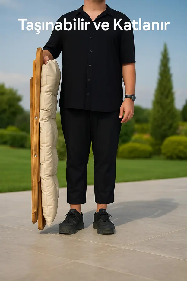 2 Adet Masif Ahşap Krem Minderli Şezlong 